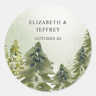 Rustige Waterverf bergen Pine Winter Wedding Ronde Sticker