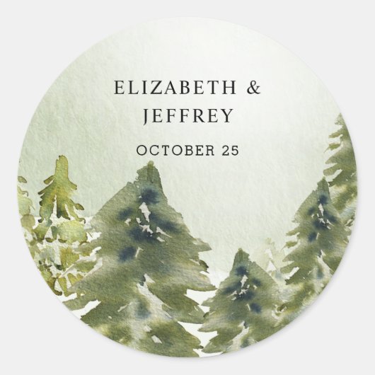Rustige Waterverf bergen Pine Winter Wedding Ronde Sticker (Voorkant)