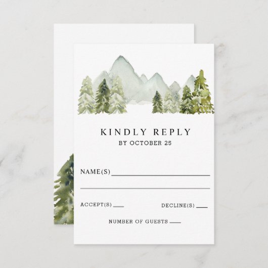 Rustige Waterverf bergen Pine Winter Wedding RSVP Kaartje (Voorkant / Achterkant)