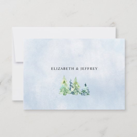 Rustige Waterverf bergen Pine Winter Wedding RSVP Kaartje (Achterkant)