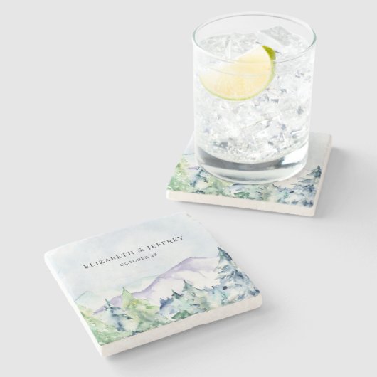 Rustige Waterverf bergen Pine Winter Wedding Stenen Onderzetter (Zijkant)