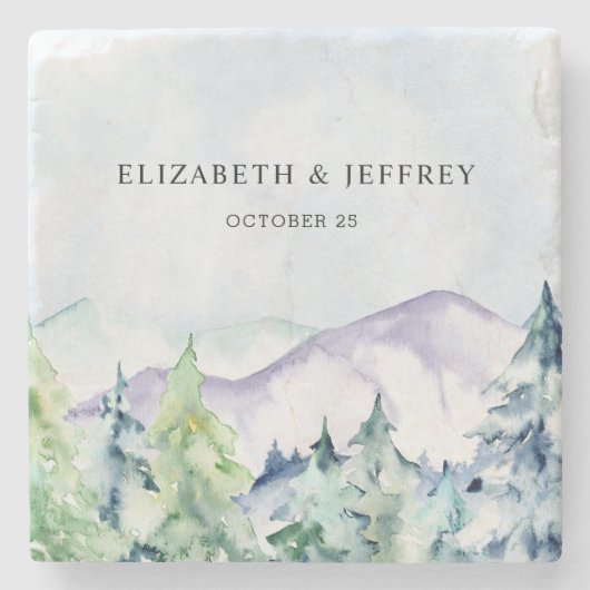 Rustige Waterverf bergen Pine Winter Wedding Stenen Onderzetter (Voorkant)