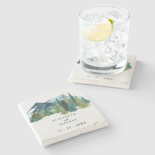 Rustige Waterverf bergen Pine Winter Wedding Stenen Onderzetter (Zijkant)