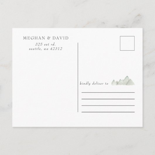 Rustige Waterverf bergen sparen de datum Aankondigingskaart (Achterkant)