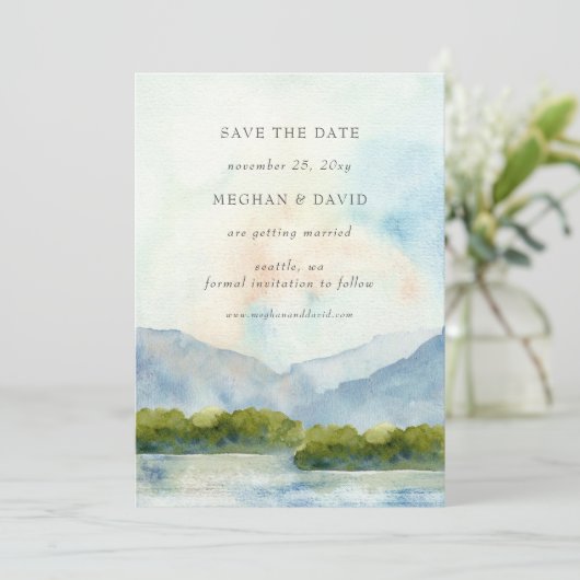 Rustige Waterverf bergen sparen de datum Kaart (Staand voorkant)