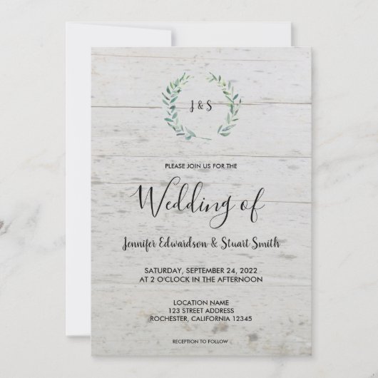 Rustige waterverf bladeren op houtmonogram Weddens Kaart (Voorkant)