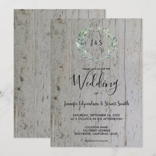 Rustige waterverf bladeren op houtmonogram Weddens Kaart (Voorkant / Achterkant)