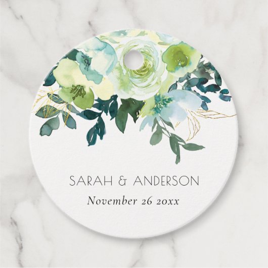 Rustige Waterverf Blauwe Groene Floral Leafy Weddi Bedankjes Labels (Voorkant)