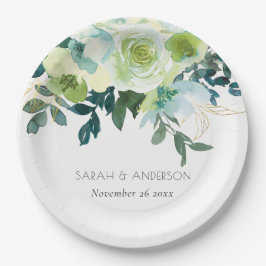 Rustige Waterverf Blauwe Groene Floral Leafy Weddi Papieren Bordje