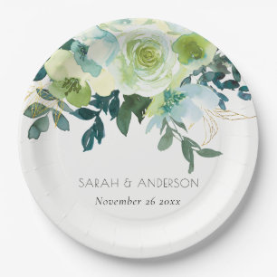 Rustige Waterverf Blauwe Groene Floral Leafy Weddi Papieren Bordje