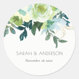 Rustige Waterverf Blauwe Groene Floral Leafy Weddi Ronde Sticker