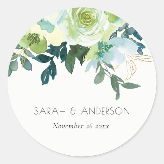 Rustige Waterverf Blauwe Groene Floral Leafy Weddi Ronde Sticker (Voorkant)
