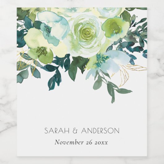 Rustige Waterverf Blauwe Groene Floral Leafy Weddi Wijn Etiket (Enkel label)