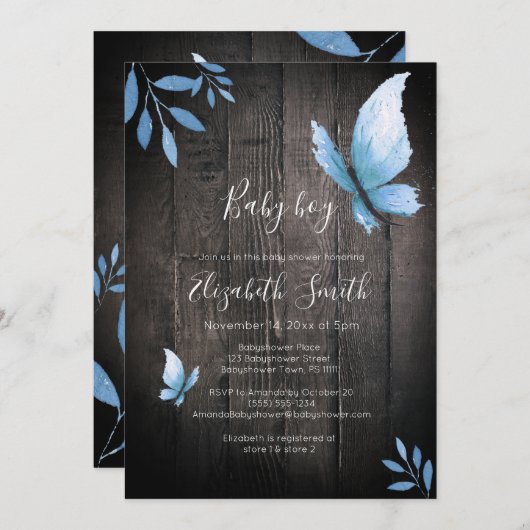 Rustige waterverf blauwe vlinder babydouche kaart (Voorkant / Achterkant)