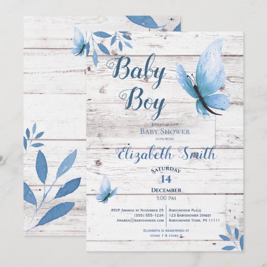 Rustige waterverf blauwe vlinder babydouche kaart (Voorkant / Achterkant)