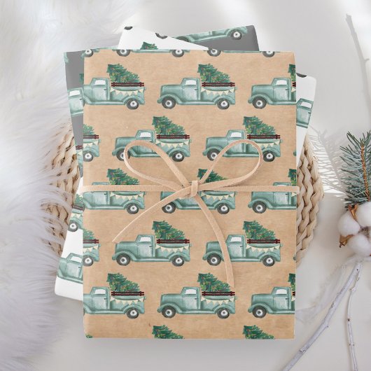 Rustige Waterverf Blauwgroen kersttruck Inpakpapier Vel