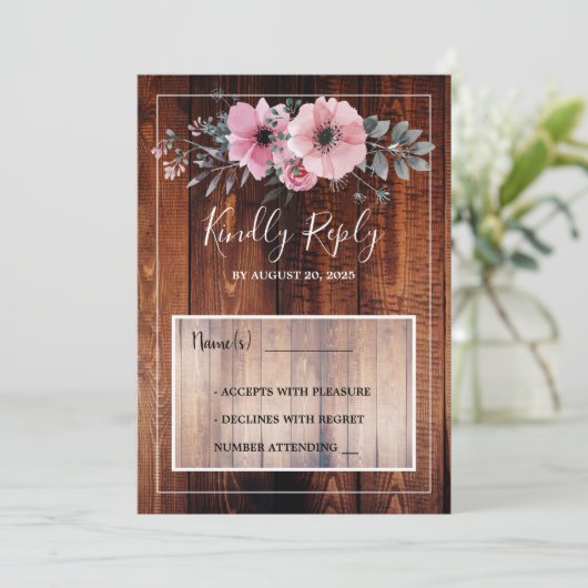 Rustige waterverf bloemen schuren hout RSVP bruilo Kaart (Staand voorkant)