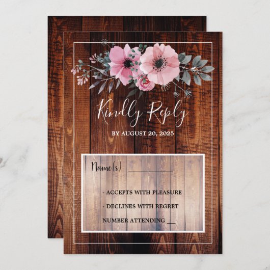 Rustige waterverf bloemen schuren hout RSVP bruilo Kaart (Voorkant / Achterkant)