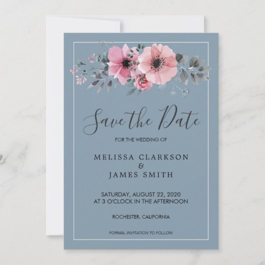 Rustige waterverf bloemen stoffig blauw sparen de  kaart (Voorkant)