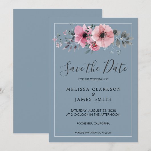 Rustige waterverf bloemen stoffig blauw sparen de  kaart (Voorkant / Achterkant)