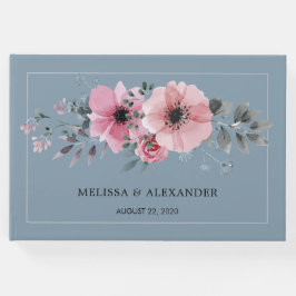 Rustige waterverf bloemen stoffige blauwe bruiloft gastenboek