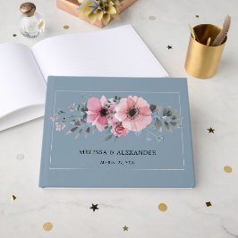 Rustige waterverf bloemen stoffige blauwe bruiloft gastenboek