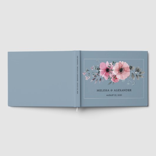 Rustige waterverf bloemen stoffige blauwe bruiloft gastenboek (Volledig)