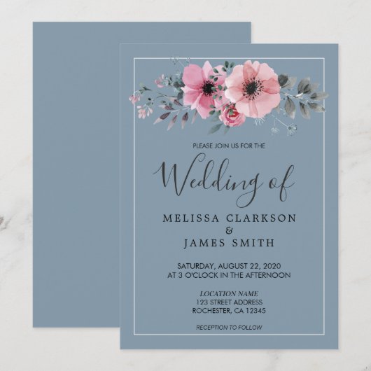 Rustige waterverf bloemen stoffige blauwe bruiloft kaart (Voorkant / Achterkant)