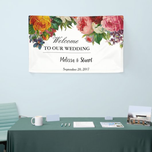 Rustige waterverf bloemen Welkom bruiloft Spandoek (Beurs)