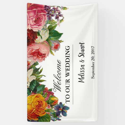 Rustige waterverf bloemen Welkom bruiloft Spandoek (Verticaal)