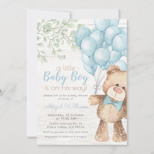 Rustige Waterverf Blue Beer Boy Baby shower Kaart (Voorkant)