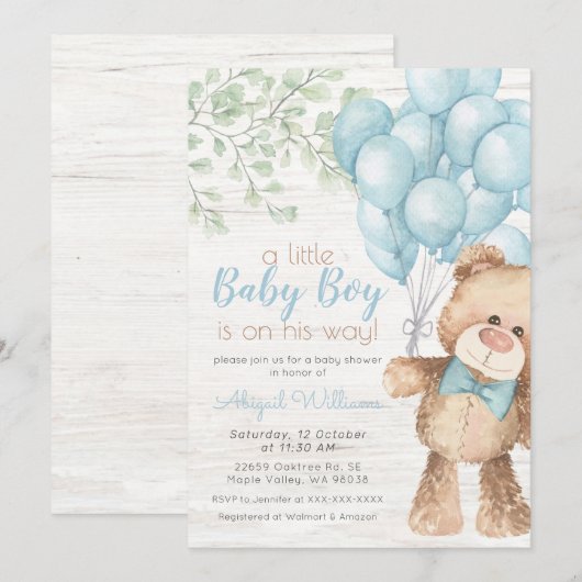 Rustige Waterverf Blue Beer Boy Baby shower Kaart (Voorkant / Achterkant)