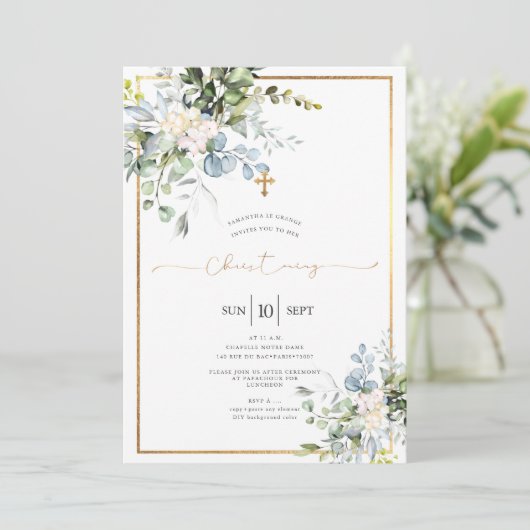 Rustige Waterverf Blue Gum Eucalyptus Christening Kaart (Staand voorkant)