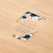 Rustige Waterverf Blush en Navy Flowers Wedding Acryl Uitnodigingen (Laagn)
