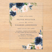 Rustige Waterverf Blush en Navy Flowers Wedding Acryl Uitnodigingen (Voorkant)