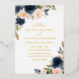 Rustige Waterverf Blush en Navy Flowers Wedding Folie Uitnodiging