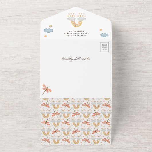 Rustige Waterverf Boho Regenbooginspectie Baby sho All In One Uitnodiging (Buitenkant)