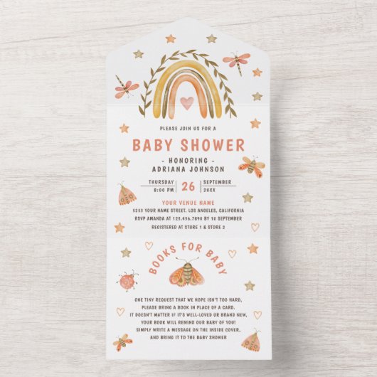 Rustige Waterverf Boho Regenbooginspectie Baby sho All In One Uitnodiging (Binnen)