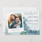 Rustige Waterverf Bomen en gebergte Dusty Blue Save The Date (Voorkant)