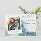 Rustige Waterverf Bomen en gebergte Dusty Blue Save The Date (Staand voorkant)