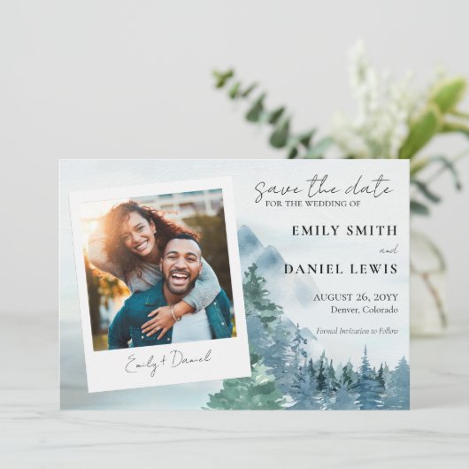 Rustige Waterverf Bomen en gebergte Dusty Blue Save The Date (Staand voorkant)