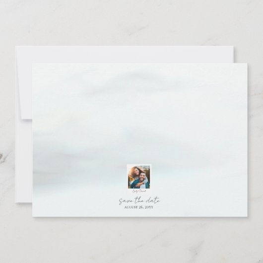 Rustige Waterverf Bomen en gebergte Dusty Blue Save The Date (Achterkant)