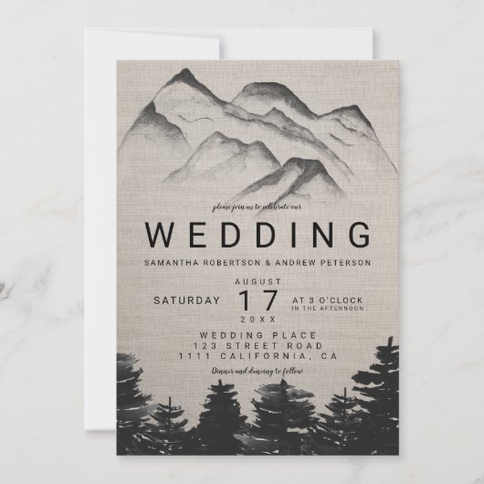 Rustige waterverf bosbergen bruiloft kaart (Voorkant)