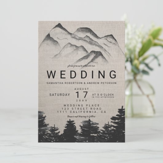 Rustige waterverf bosbergen bruiloft kaart (Staand voorkant)