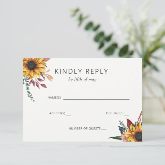 Rustige Waterverf Bourgogne Zonnebloemen Vallen br RSVP Kaartje (Staand voorkant)