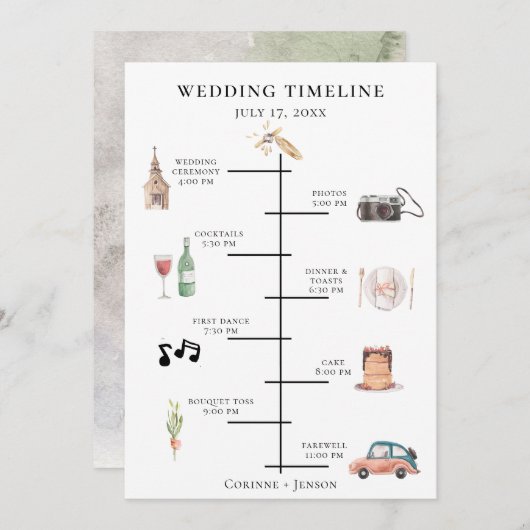 Rustige Waterverf bruiloft tijdlijn Programmakaart (Voorkant / Achterkant)