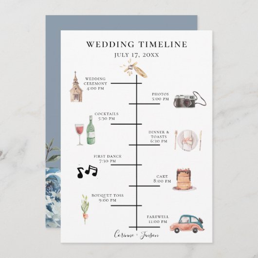 Rustige Waterverf bruiloft tijdlijn Programmakaart (Voorkant / Achterkant)