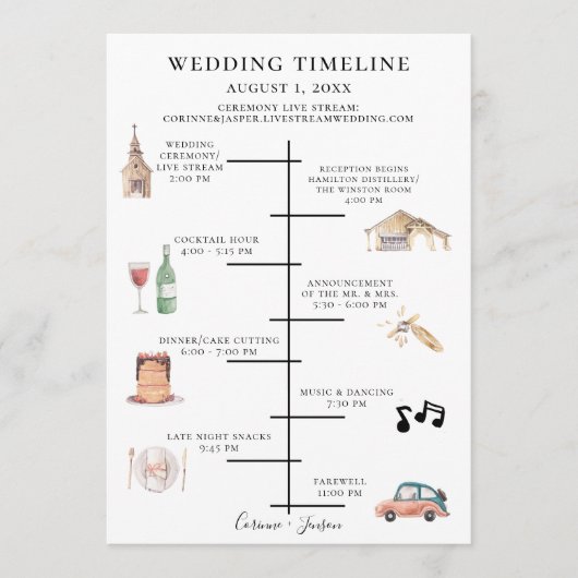 Rustige Waterverf bruiloft tijdlijn Programmakaart (Voorkant)