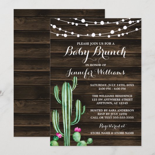 Rustige Waterverf Cactus Barn Wood Baby Brunch Kaart (Voorkant / Achterkant)