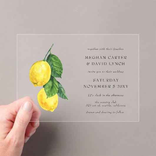 Rustige Waterverf Citrus Lemon Wedding Acryl Uitnodigingen (Insitu (Draagbaar))
